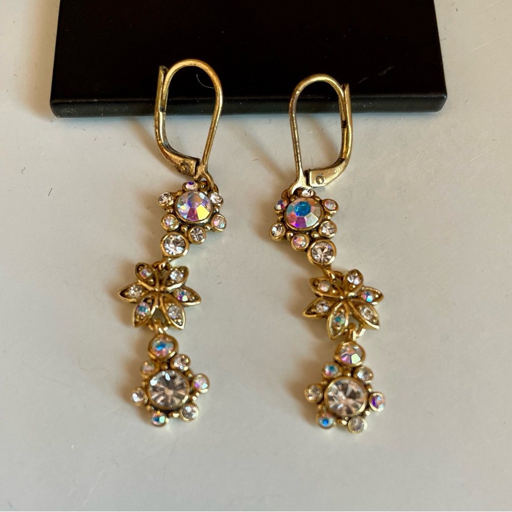 Vintage Joan Rivers Gold Plated Flower Drop Earrings With AB Swarovski Crystals - Picture 2 of 6